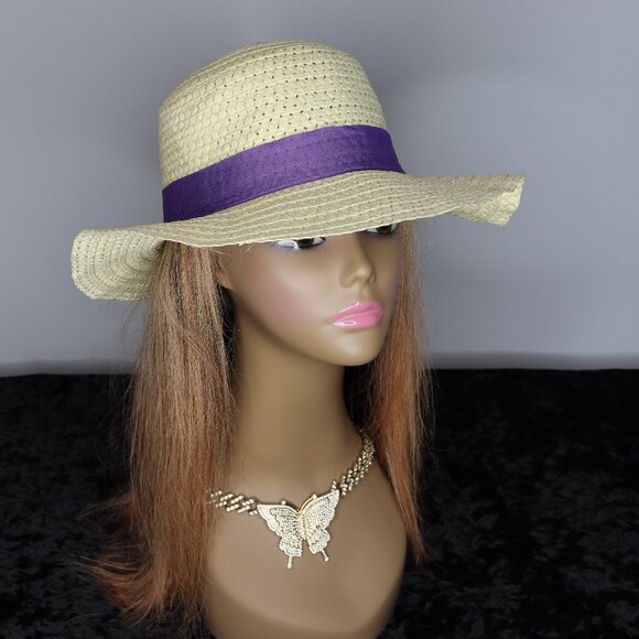 Accessories - Women's Straw Sun Hat with Ribbon Band - Purple